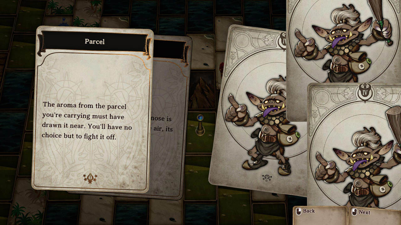 Gameplay screenshot showing a card with text, and 3 cards with monsters to the right