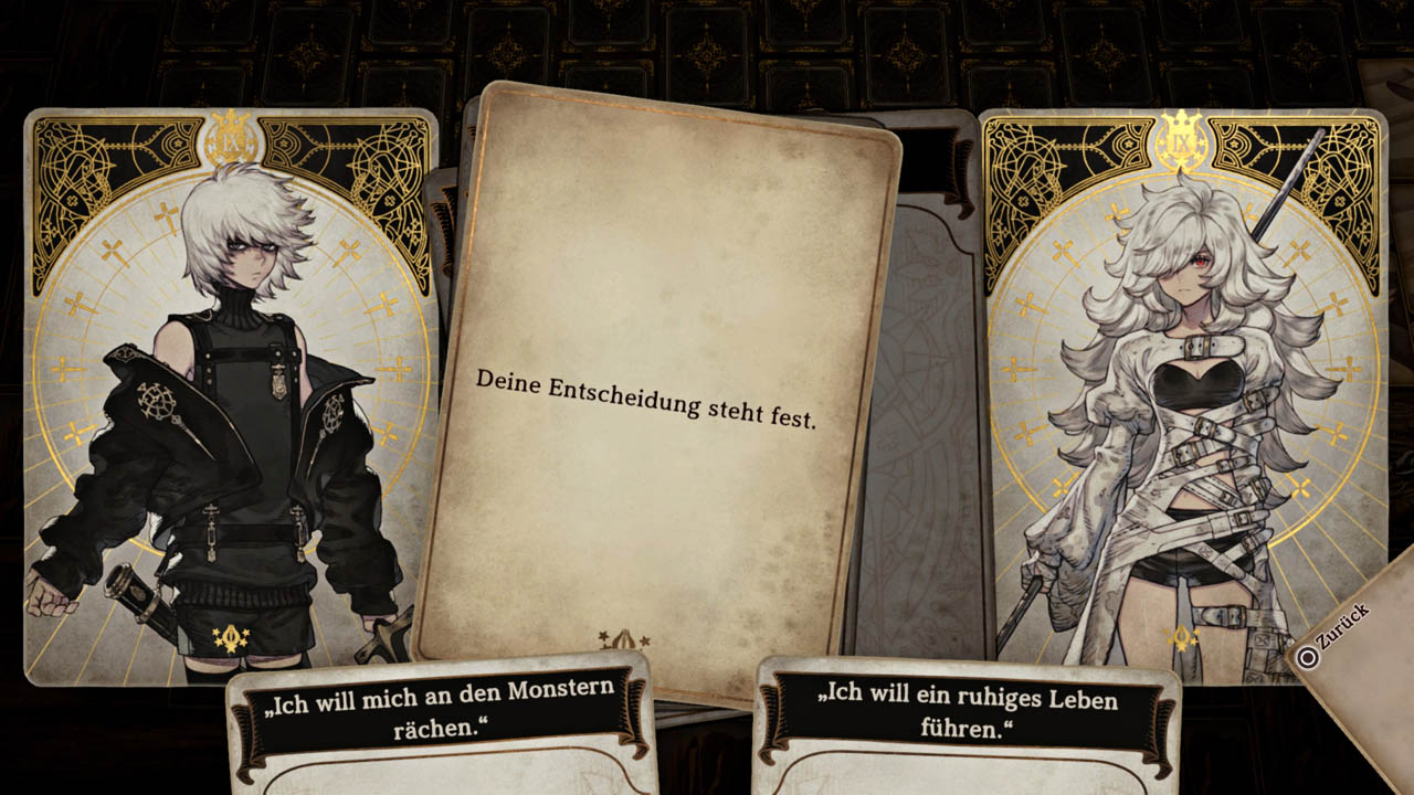 Gameplay-Screenshot mit zwei Charakterkarten und zwei Optionen für eine Unterhaltung.