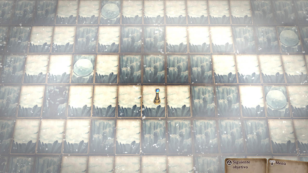 La ficha del jugador vista desde arriba en un paisaje nevado donde todas las cartas están boca abajo.