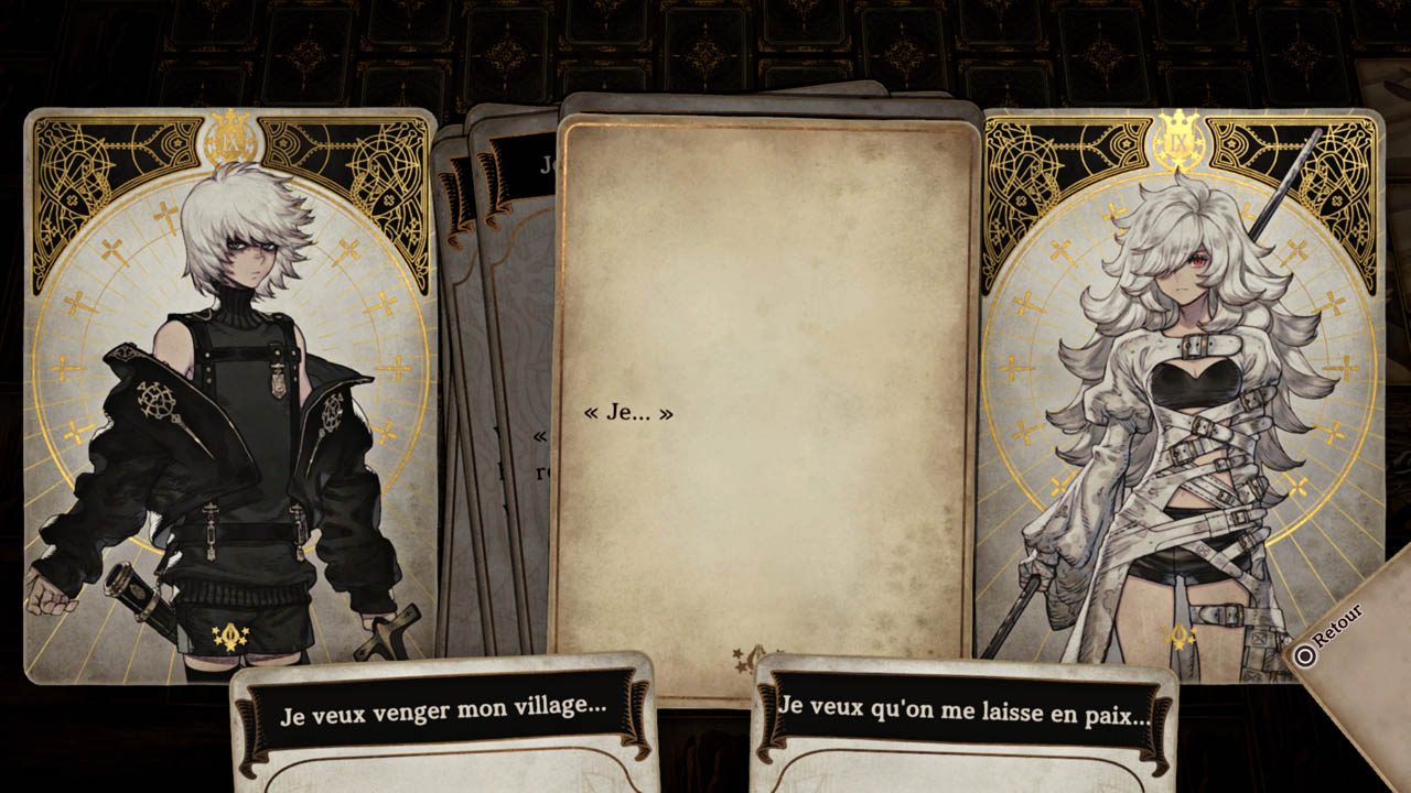 Capture d'écran de gameplay montrant deux cartes de personnage et une conversation avec 2 options.