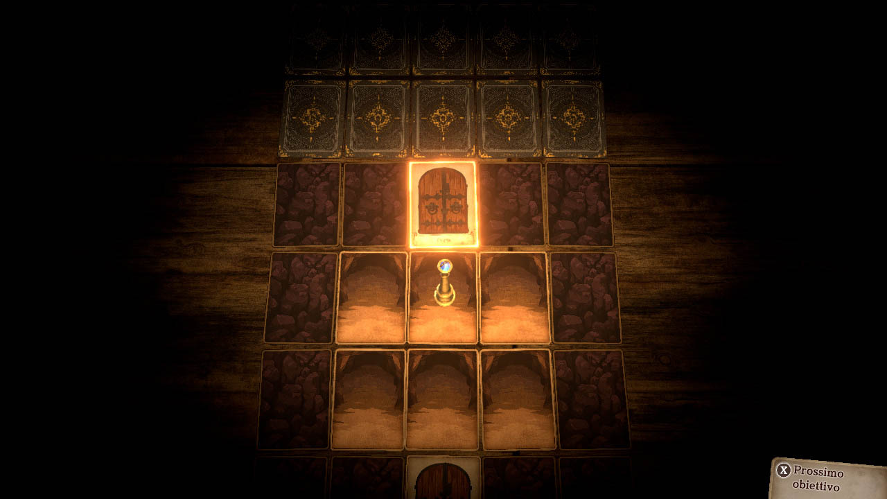 Una pedina di fronte a una porta di ingresso in un dungeon fatto di carte