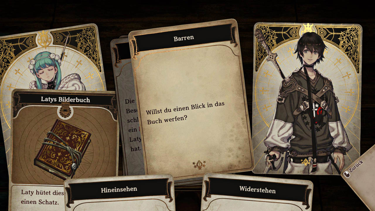 Ein Gameplay-Screenshot von einer Fragekarte mit 2 Auswahlmöglichkeiten; daneben liegen Charakterkarten.