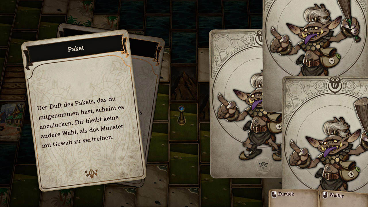 Ein Gameplay-Screenshot von einer Textkarte; rechts daneben liegen 3 Monsterkarten.