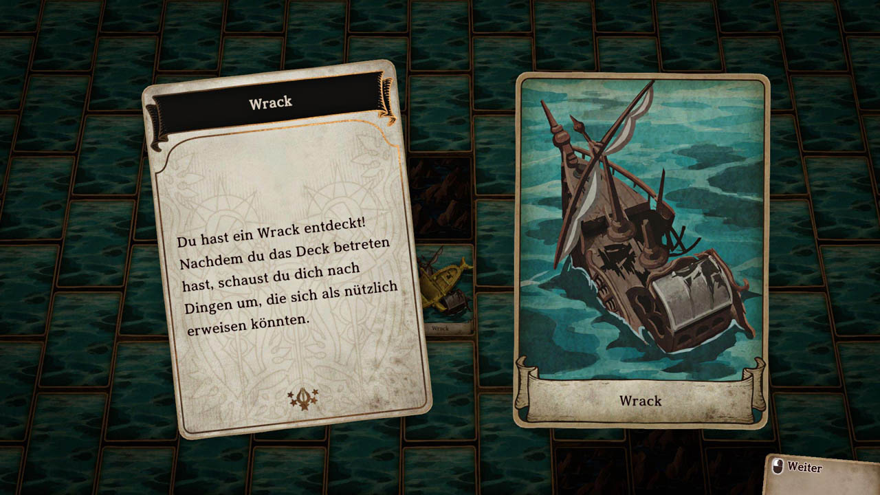 Ein Gameplay-Screenshot von einer Textkarte; rechts daneben liegt eine Karte, die ein Schiffswrack zeigt.