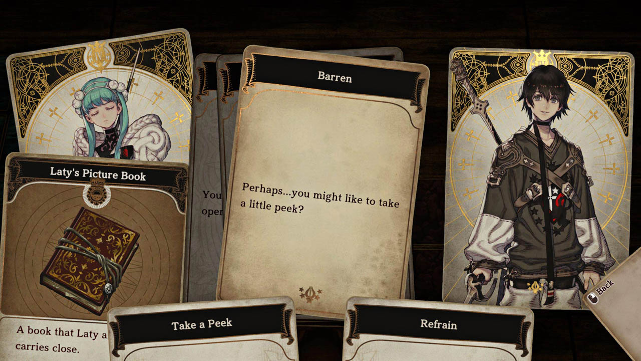 Gameplay screenshot showing a question card with 2 choices, with character cards on the side