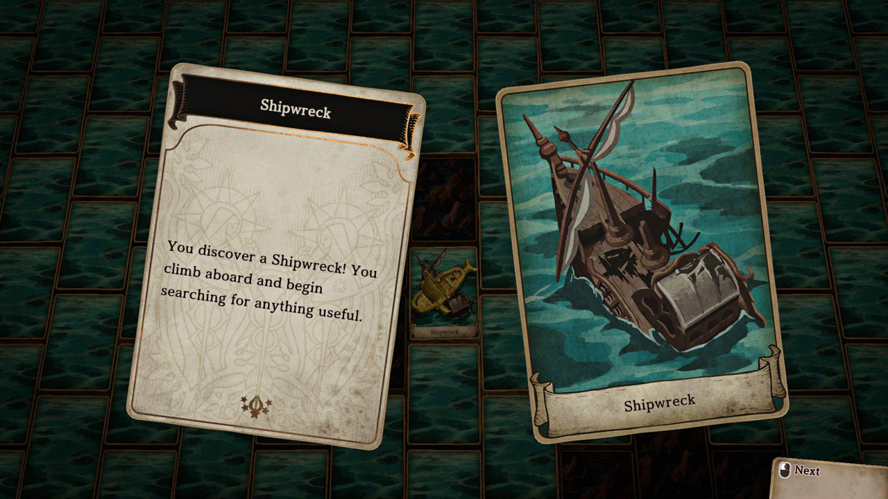 Gameplay screenshot showing a card with text, and a shipwreck location card on the right