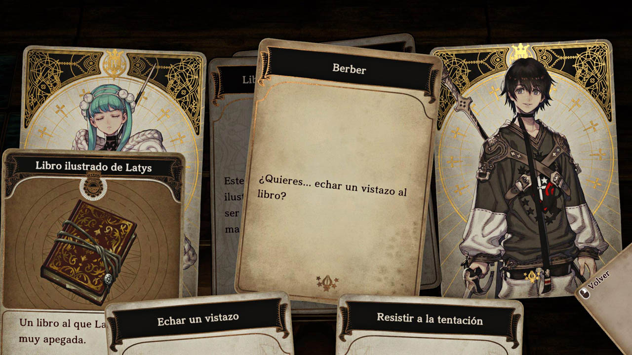 Captura del juego que muestra una carta de pregunta con 2 opciones. Hay cartas de personaje a los lados.