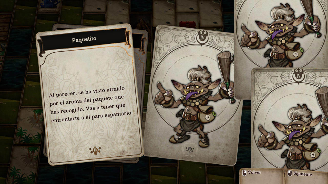 Captura del juego que muestra una carta con texto y 3 cartas de monstruos a la derecha.