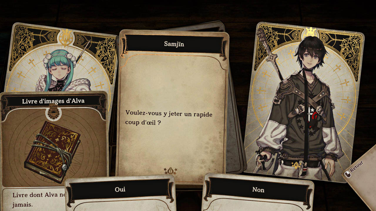 Capture d'écran de gameplay présentant une carte de question avec 2 choix, avec les cartes de personnage à côté