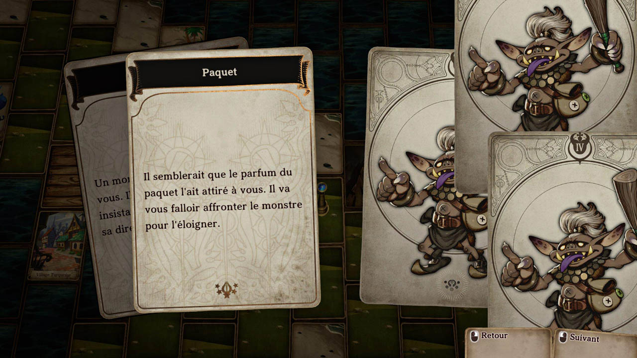 Capture d'écran de gameplay présentant une carte avec du texte, et 3 cartes de monstres à droite