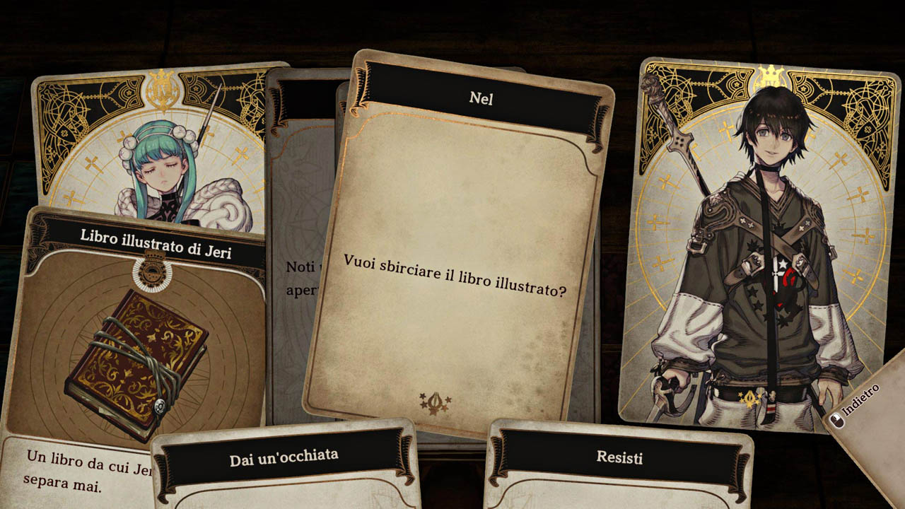 Immagine di gioco di una carta con una domanda a 2 scelte e carte dei personaggi a lato