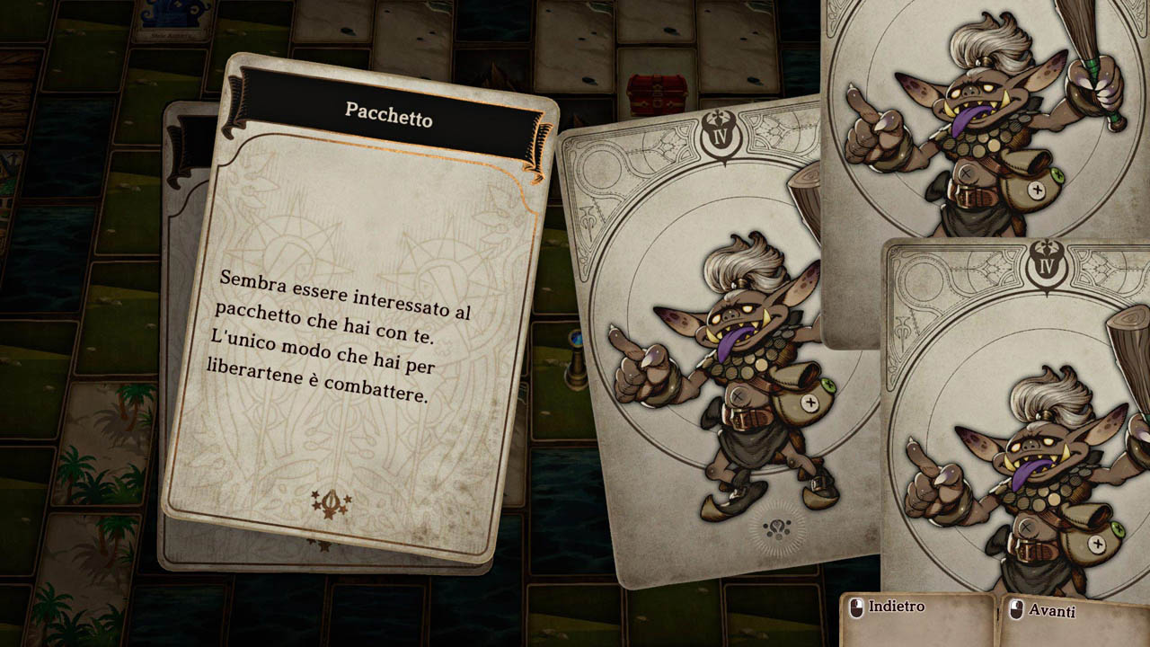 Immagine di gioco di una carta con del testo e 3 carte di mostri sulla destra