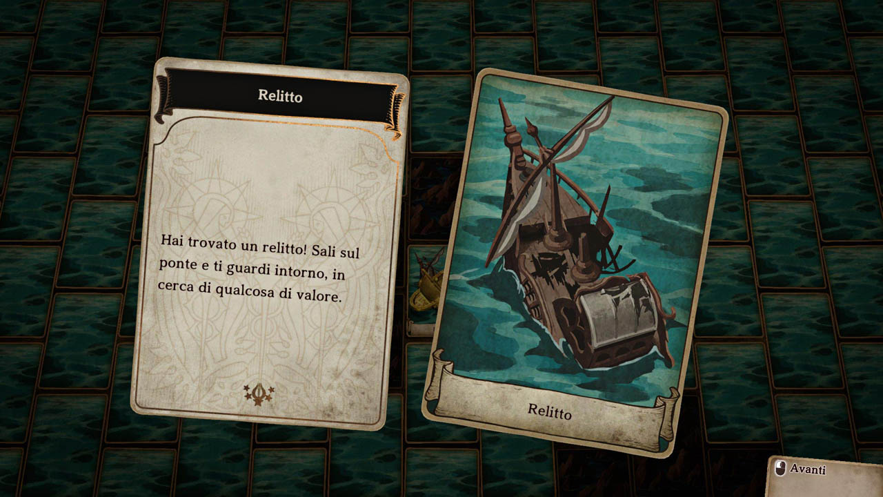 Immagine di gioco di una carta con del testo e, sulla destra, il relitto di una nave (luogo)