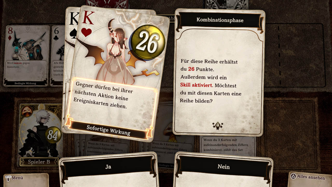 Screenshot der Kombinationsphase im Kampf, mit den Optionskarten „Ja“ und „Nein“ unten.