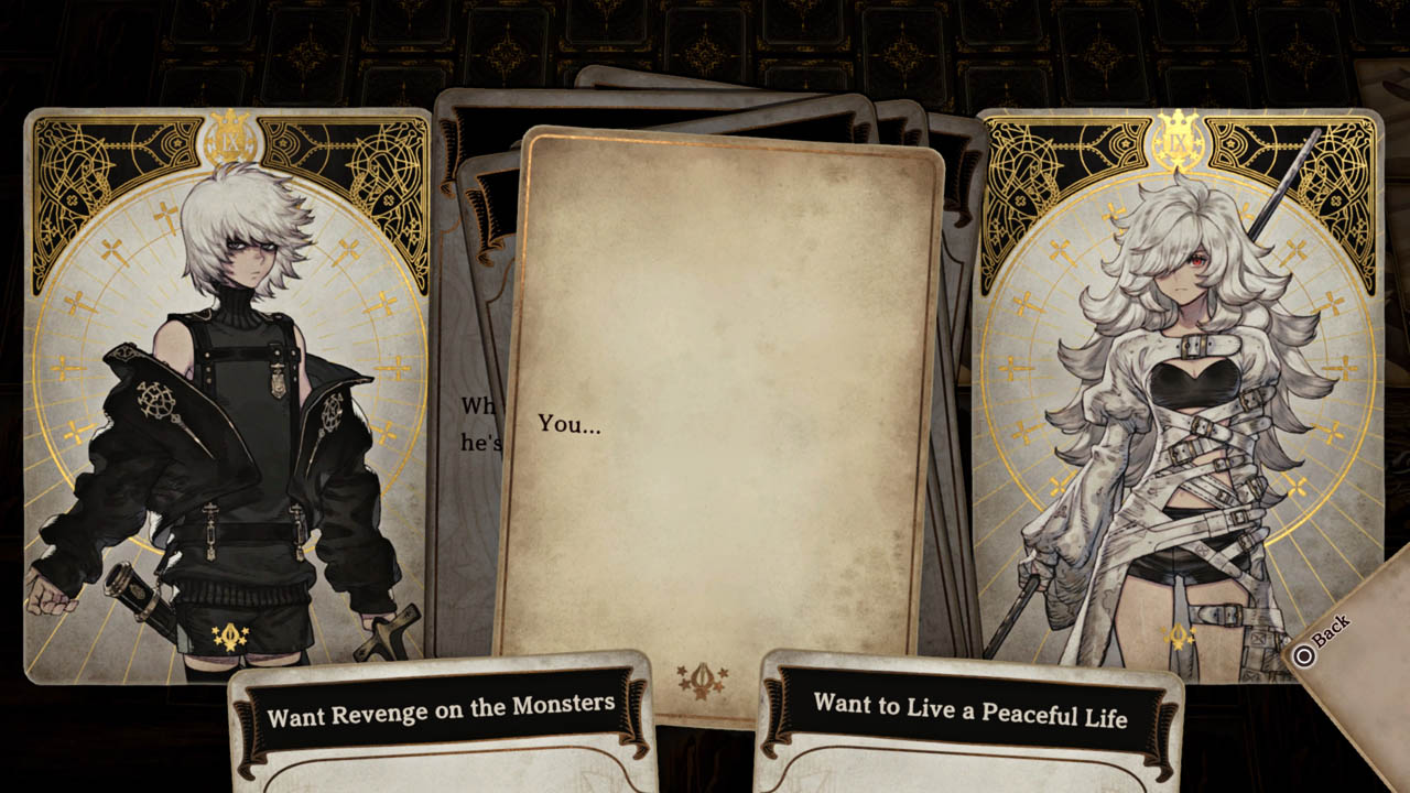 Gameplay screenshot showing two character cards and a conversation prompt with two options