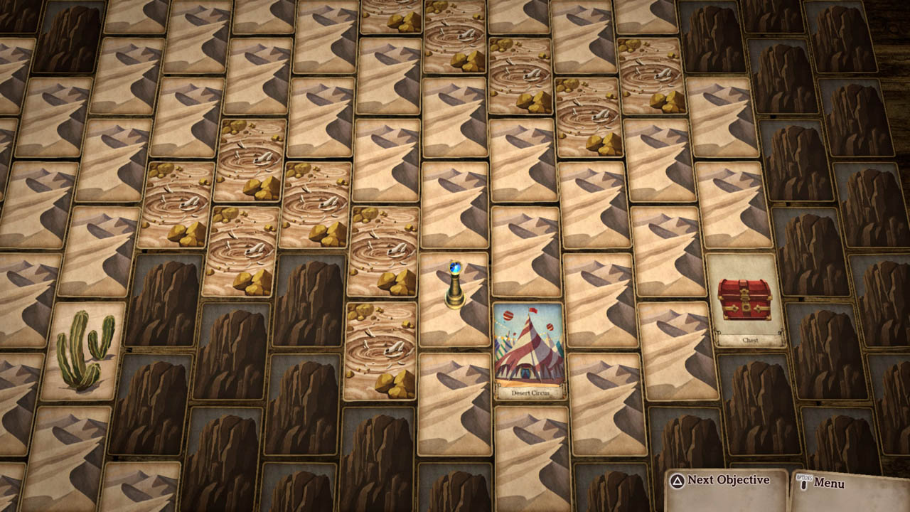 Top down view showing card backs in a desert setting, a location card, chest card, and player avatar