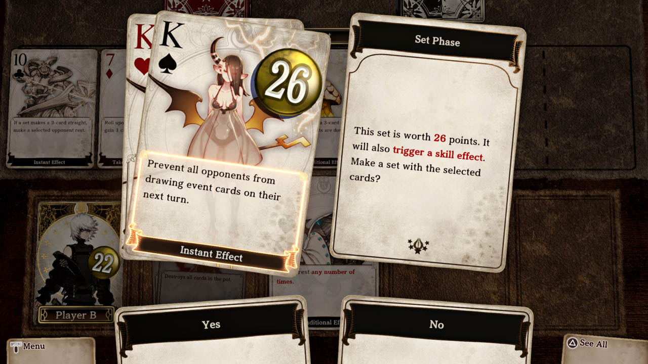 Battle screenshot showing a Set Phase card and Yes or No option cards below