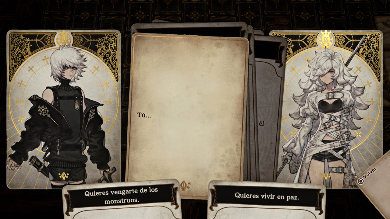 Captura de juego con dos cartas de personaje y una carta de diálogo que presenta dos opciones.