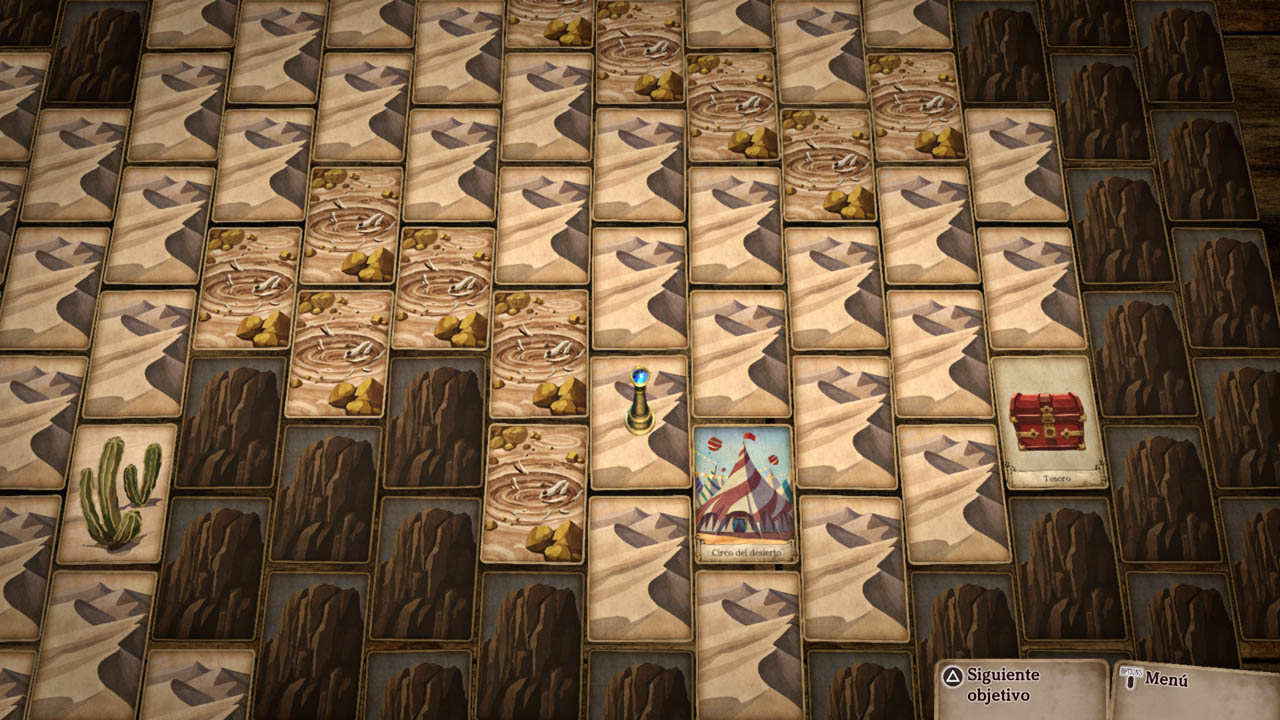 Un paisaje desértico visto desde arriba con cartas boca abajo, la ficha del jugador, una carta de tesoro y una carta de localización.
