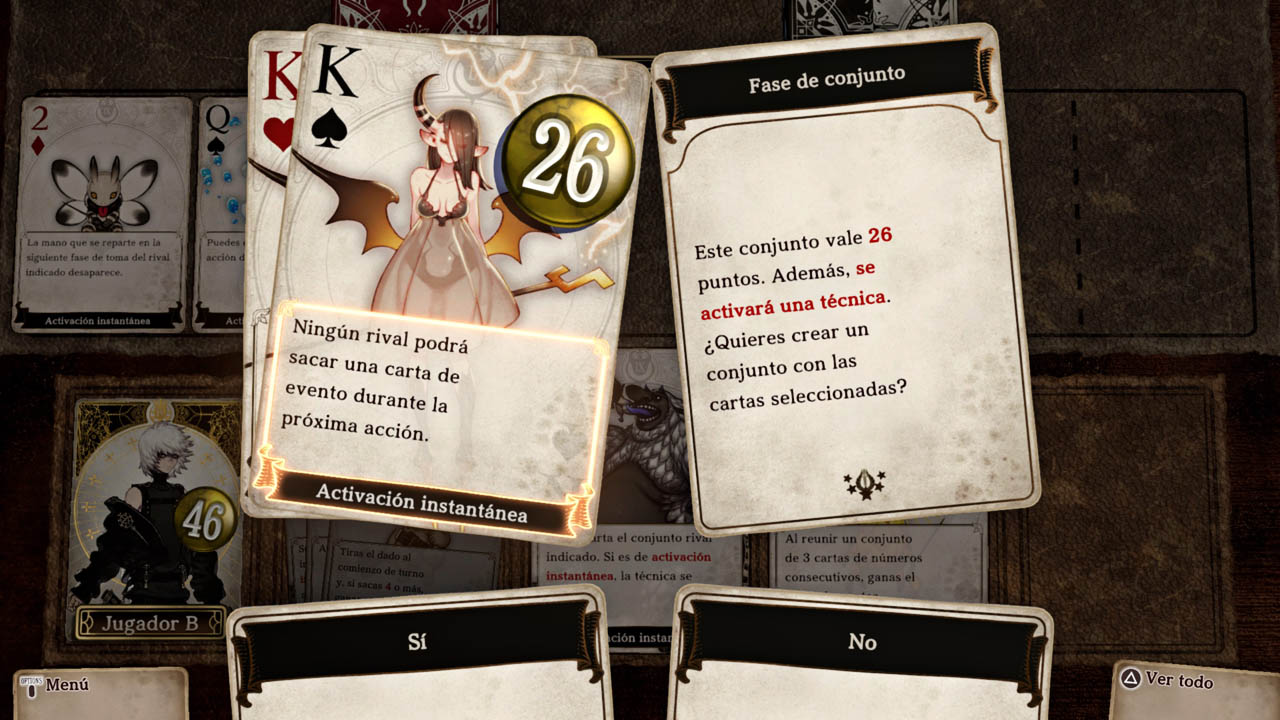 Captura de combate durante la fase de conjunto, con las opciones Sí y No en forma de cartas en la parte inferior.