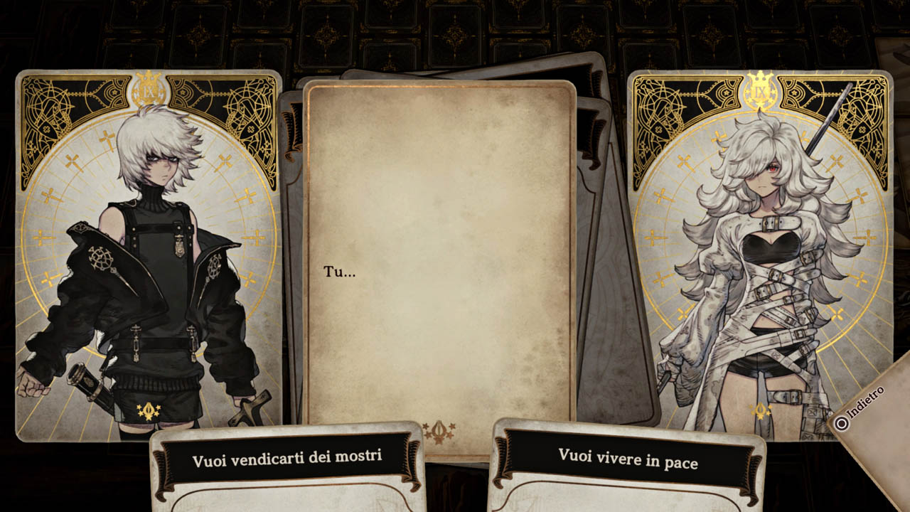 Immagine di gioco con due carte dei personaggi e una carta di dialogo con due opzioni.