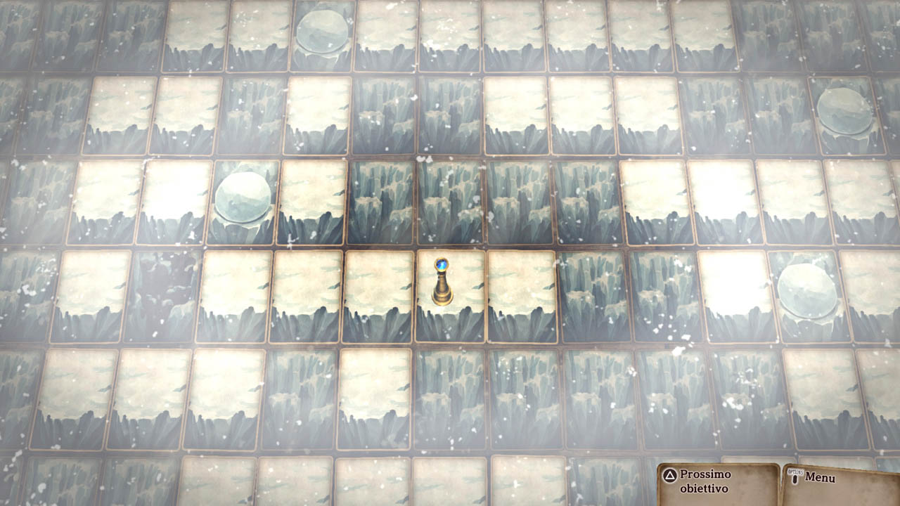 La pedina del giocatore vista dall'alto con un paesaggio innevato in cui tutte le carte sono a faccia in giù.