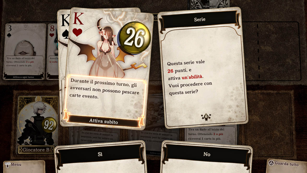 Immagine di un combattimento con una carta Serie e le carte Sì e No sotto di essa.